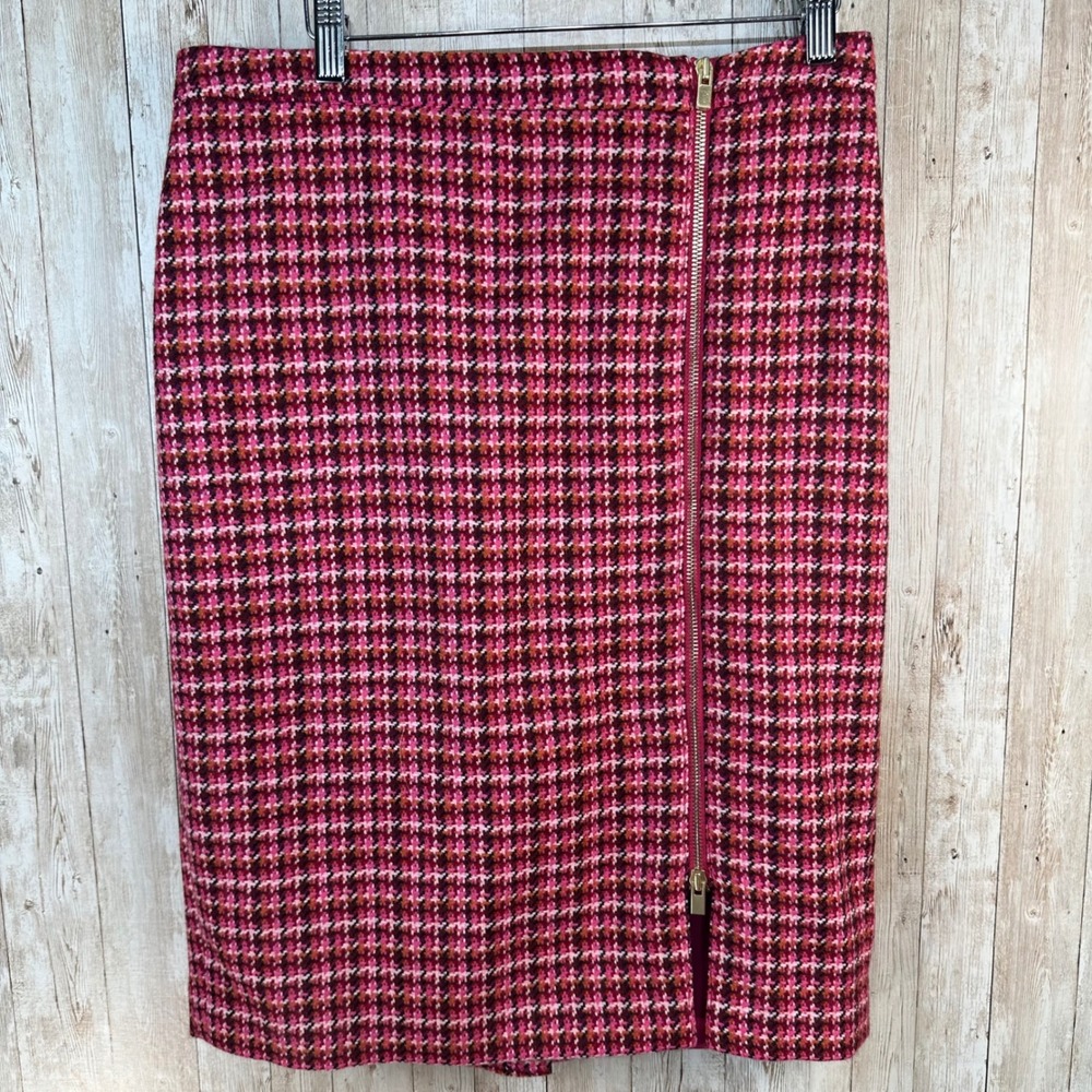 Talbots Houndstooth Wool Blend Pink Orange Black Pencil Skirt Gold‎ Zip Womens 8